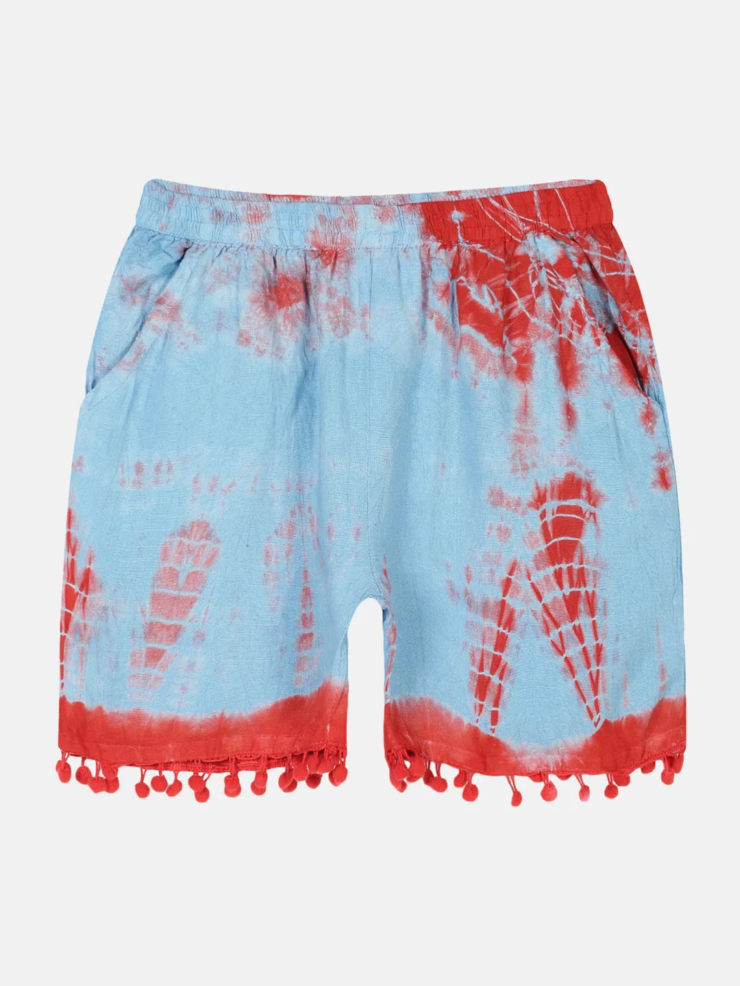 Girls Pom Pom Lace Hem Tie & Dye Shorts