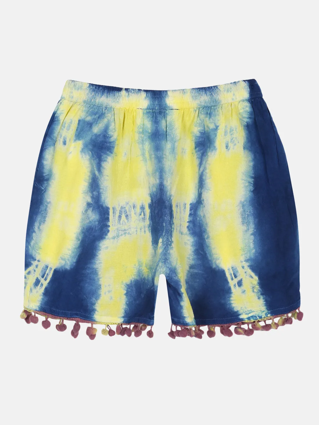 Girls Pom Pom Lace Hem Tie & Dye Shorts