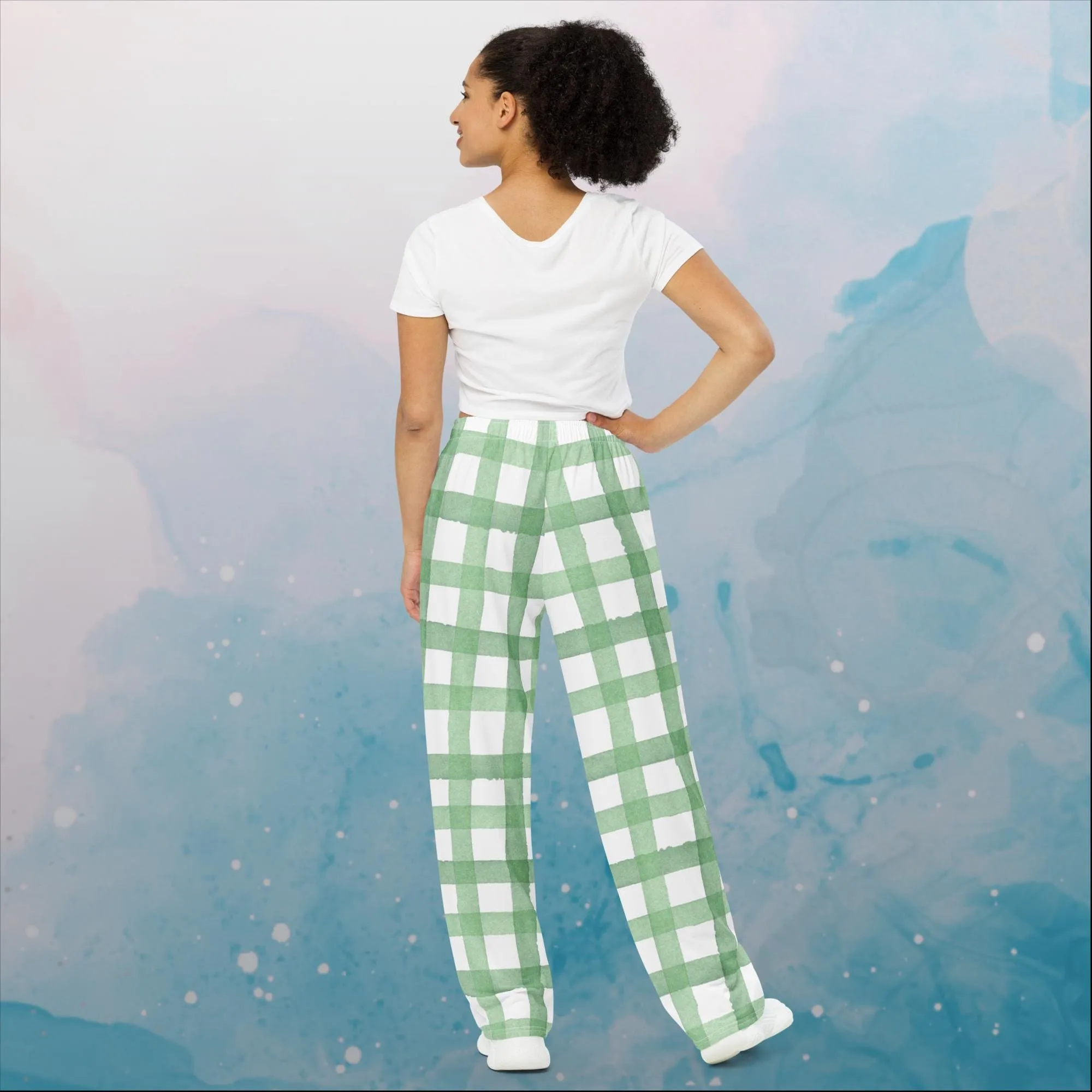 Green Gingham Print Unisex Wide Leg Pants