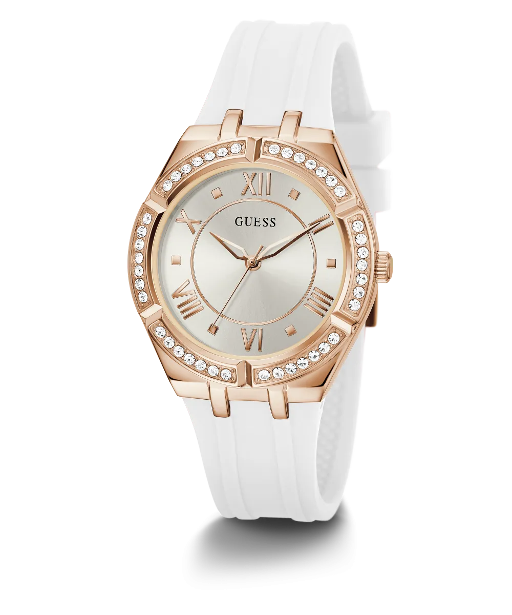 GUESS Ladies White Rose Gold Tone Analog Watch