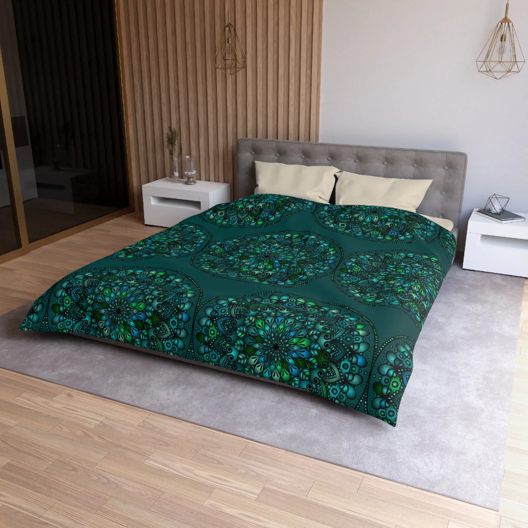 Handmade Mandala Design Duvet Cover - Green Mandala on Dark Green background