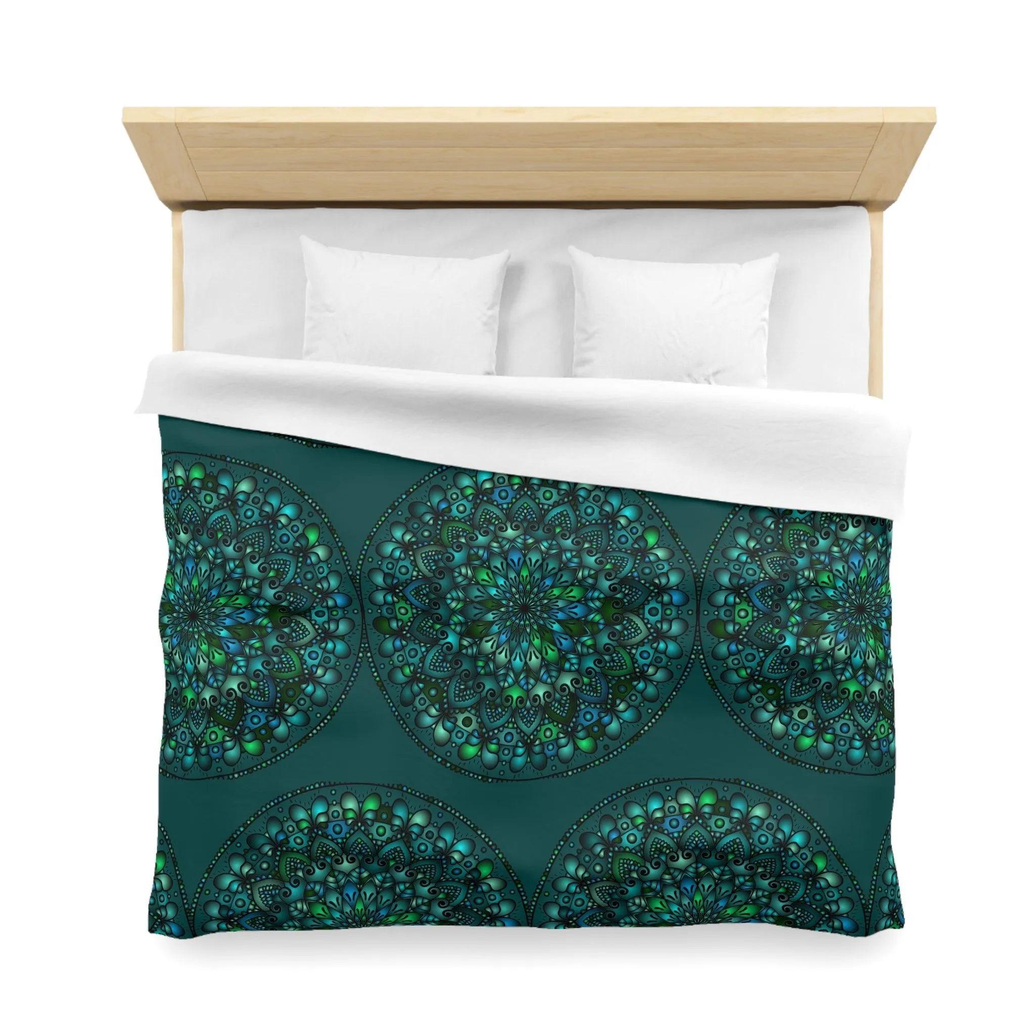 Handmade Mandala Design Duvet Cover - Green Mandala on Dark Green background