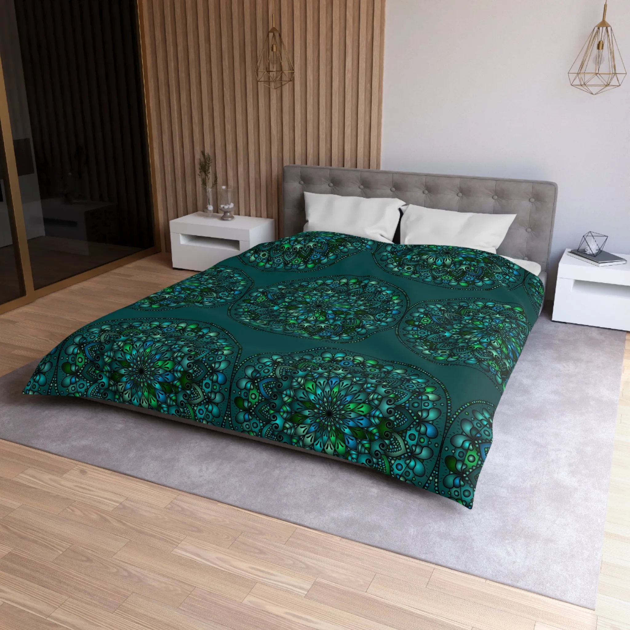 Handmade Mandala Design Duvet Cover - Green Mandala on Dark Green background