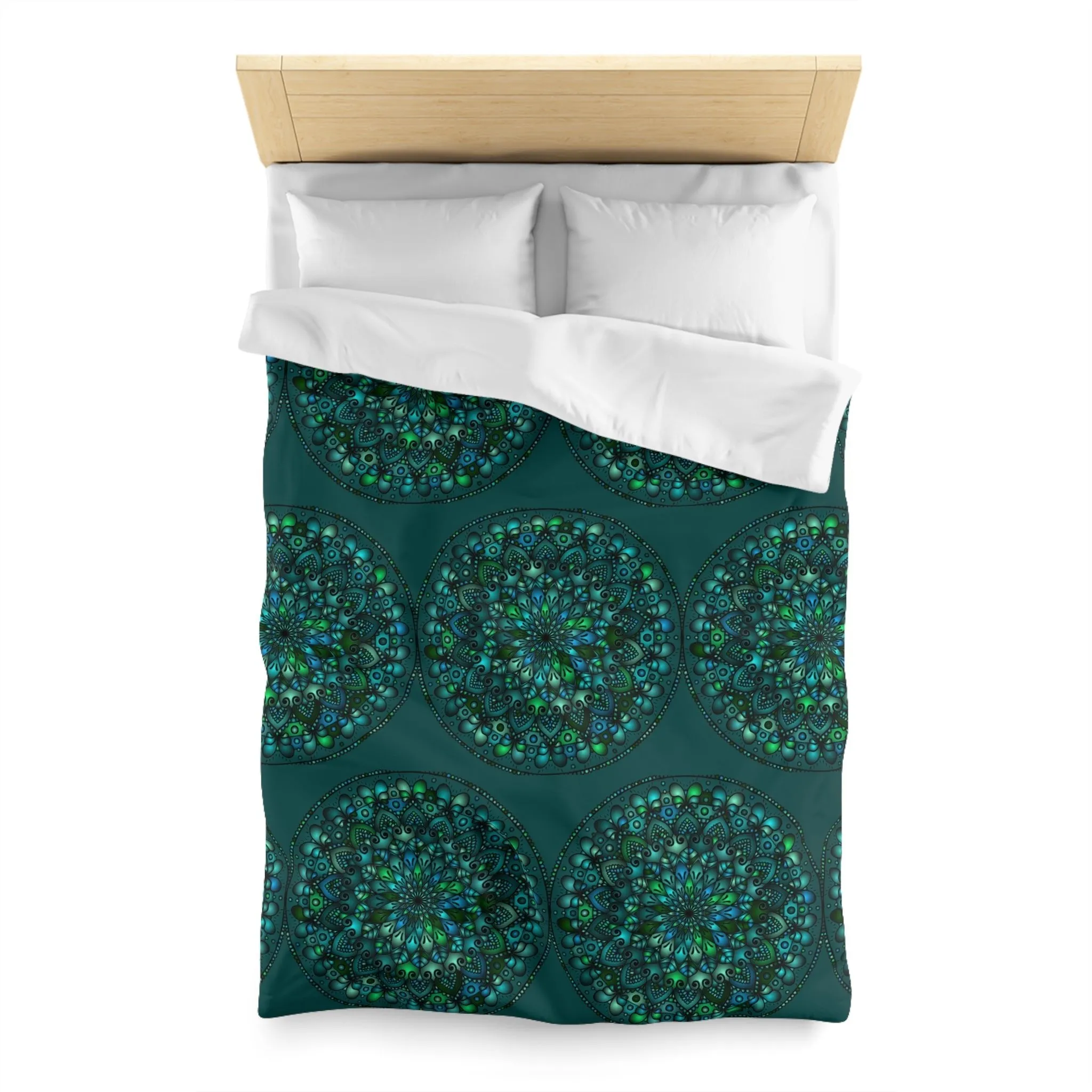 Handmade Mandala Design Duvet Cover - Green Mandala on Dark Green background