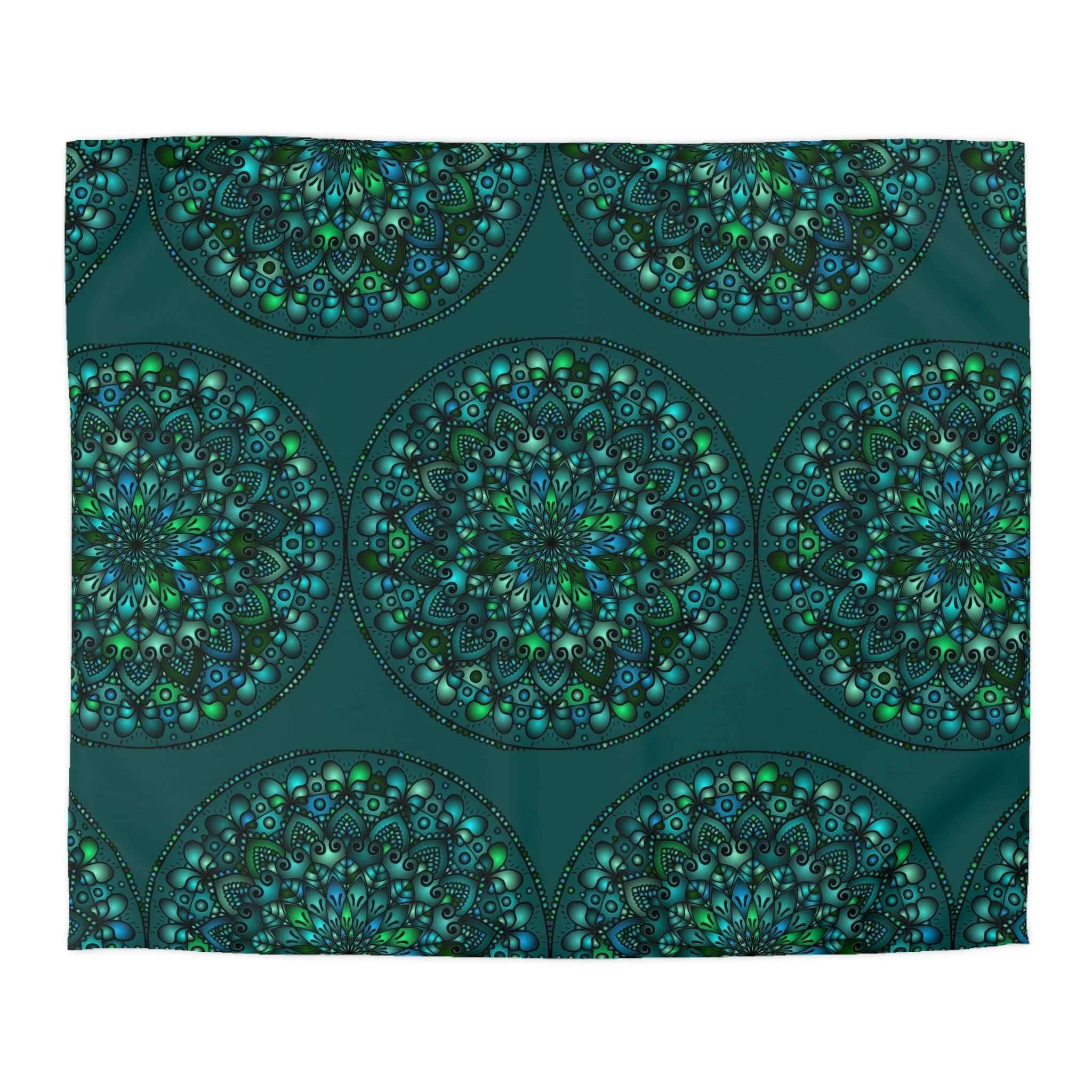 Handmade Mandala Design Duvet Cover - Green Mandala on Dark Green background