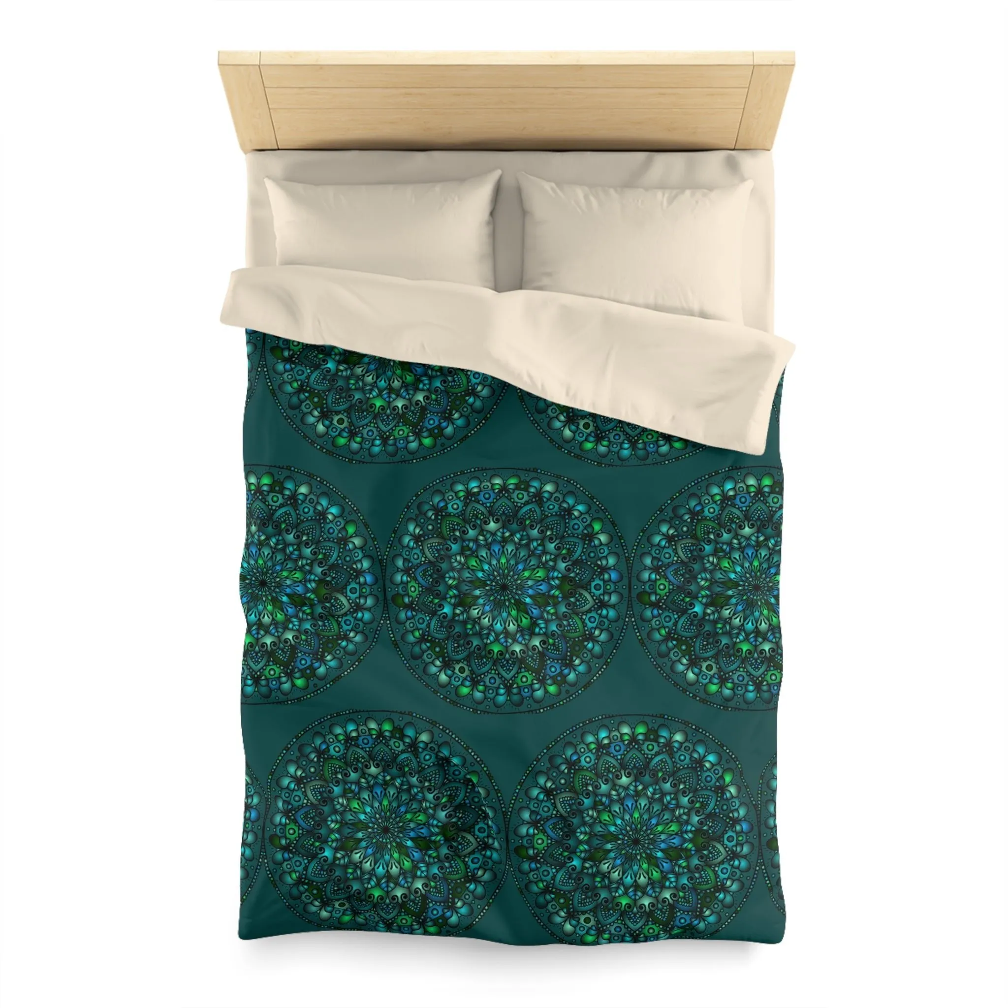 Handmade Mandala Design Duvet Cover - Green Mandala on Dark Green background