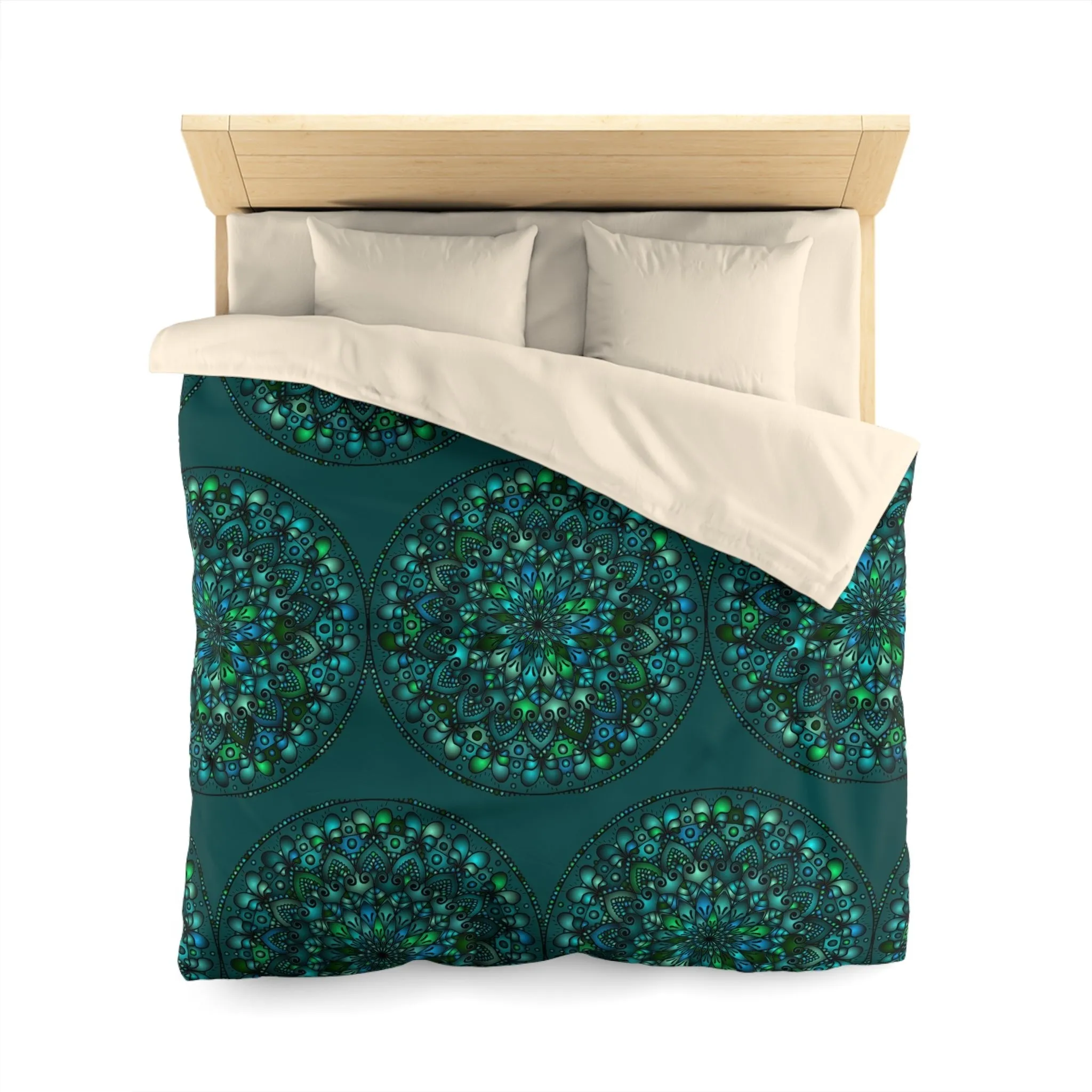 Handmade Mandala Design Duvet Cover - Green Mandala on Dark Green background