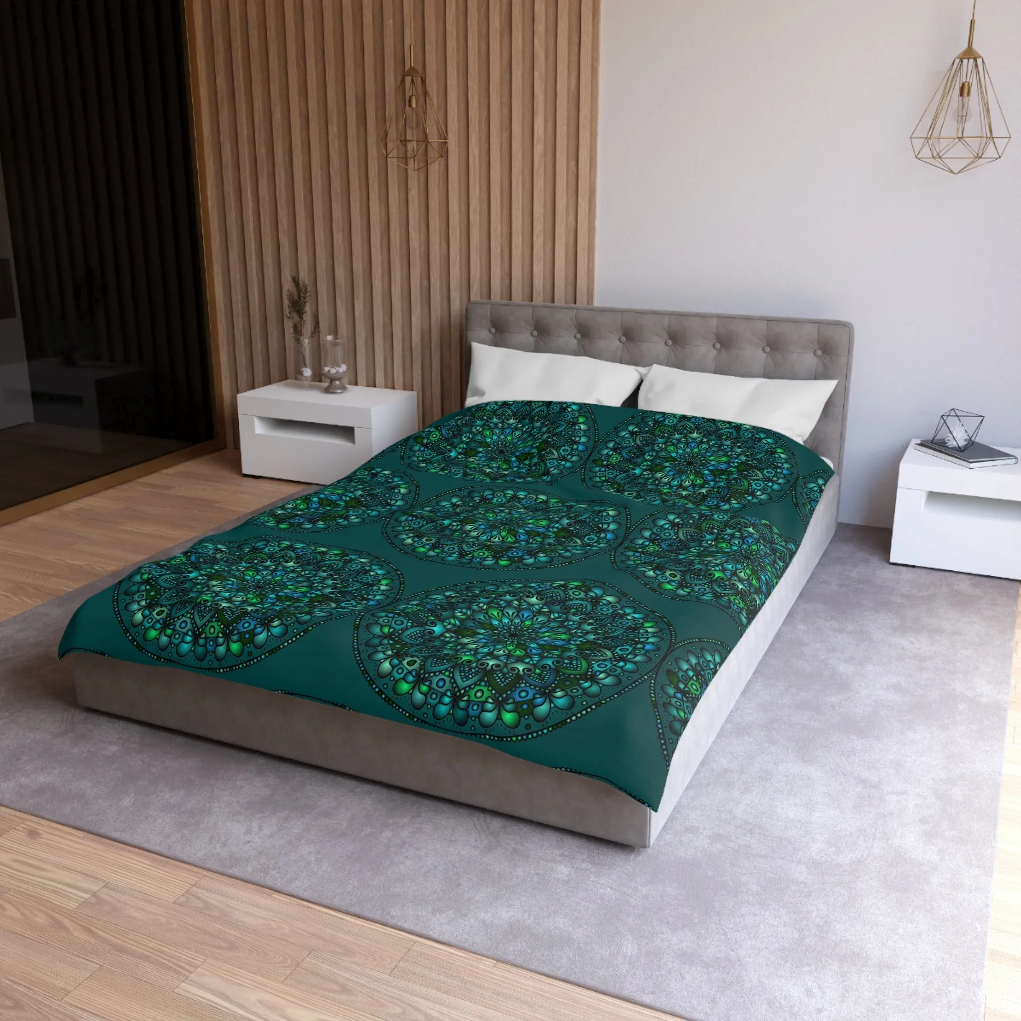 Handmade Mandala Design Duvet Cover - Green Mandala on Dark Green background