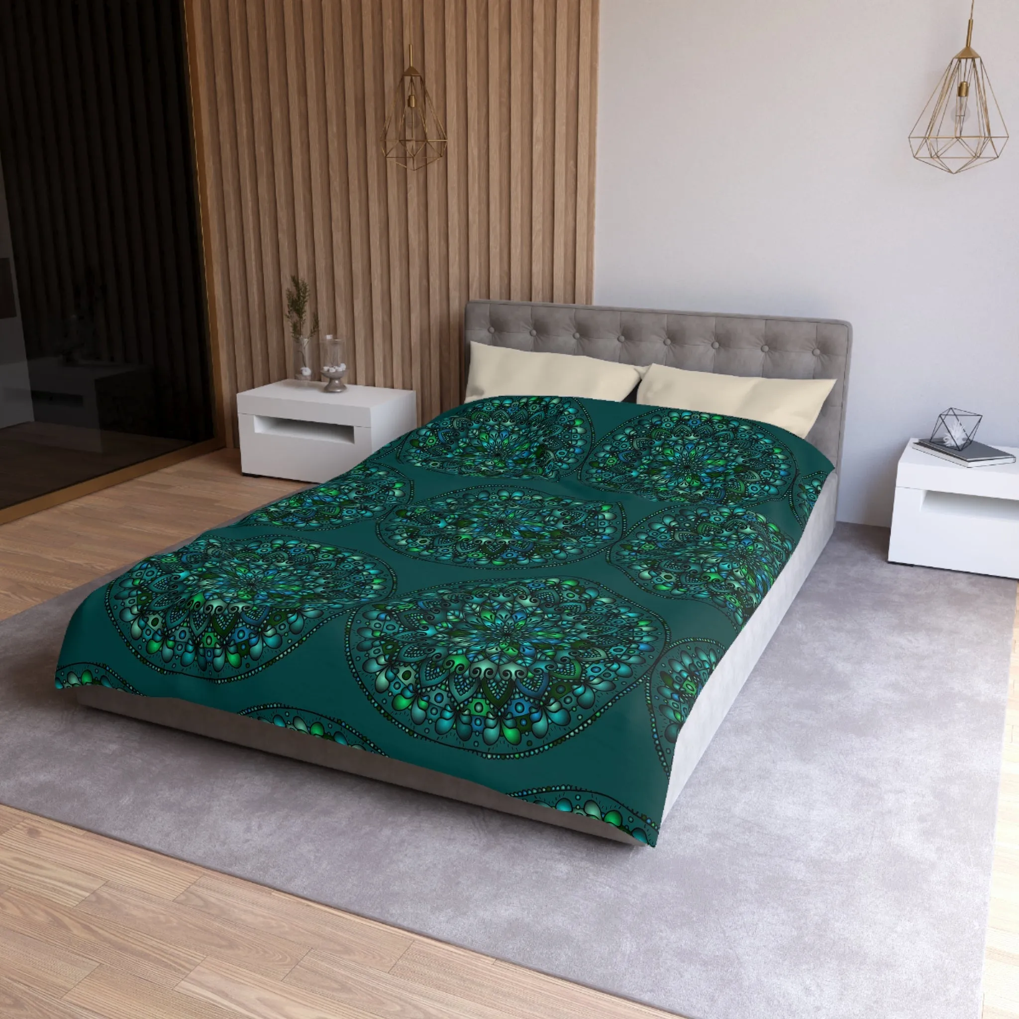 Handmade Mandala Design Duvet Cover - Green Mandala on Dark Green background