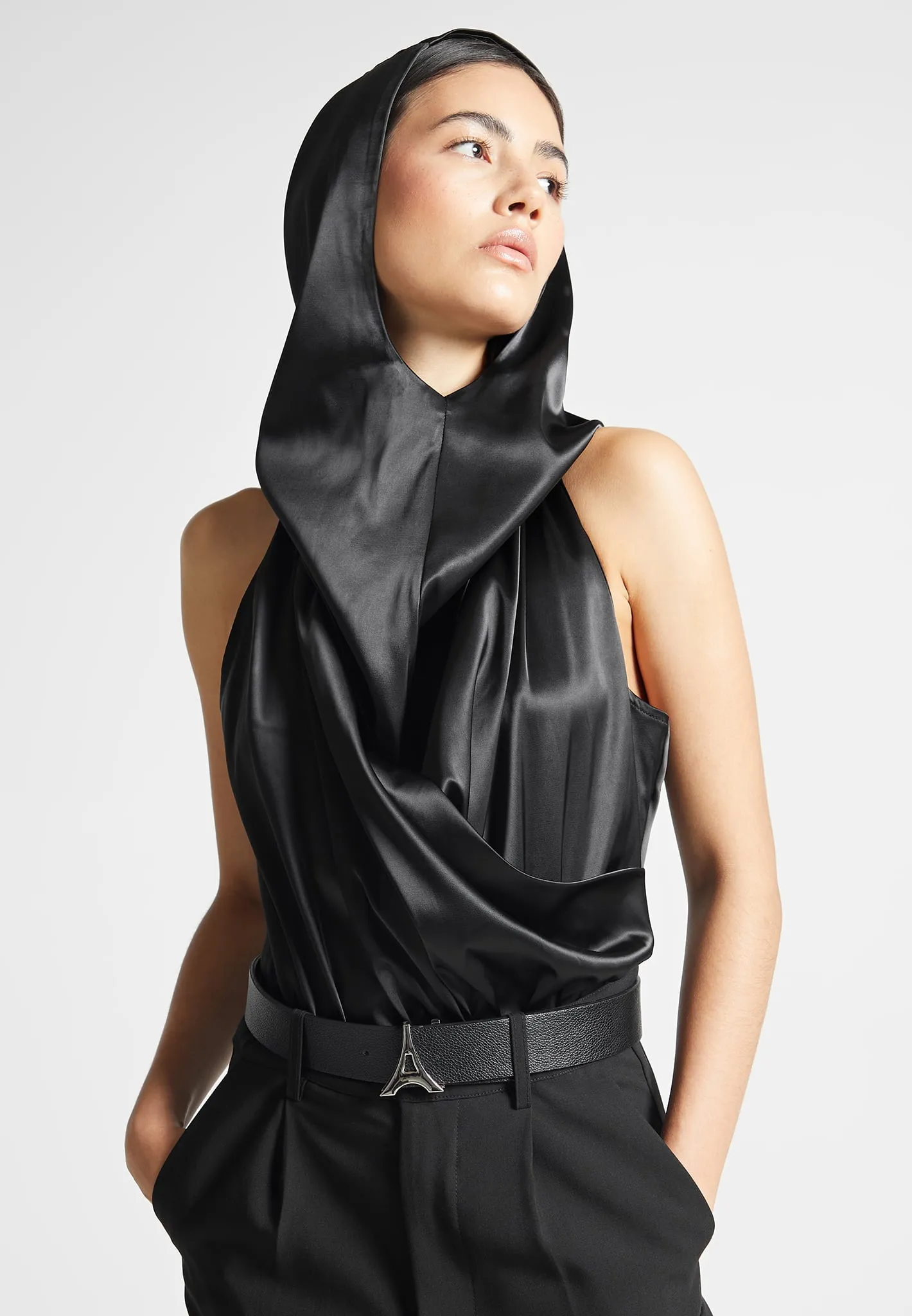 Hooded Cowl Neck Satin Wrap Bodysuit - Black