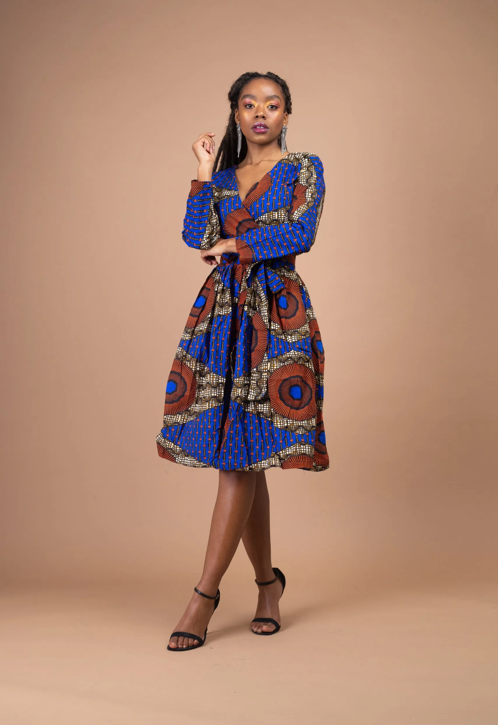 Jayne Ankara Midi Dress | Blue and Brown African Print