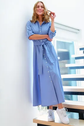 Laine Tie Front Long Dress Periwinkle Blue Stripe