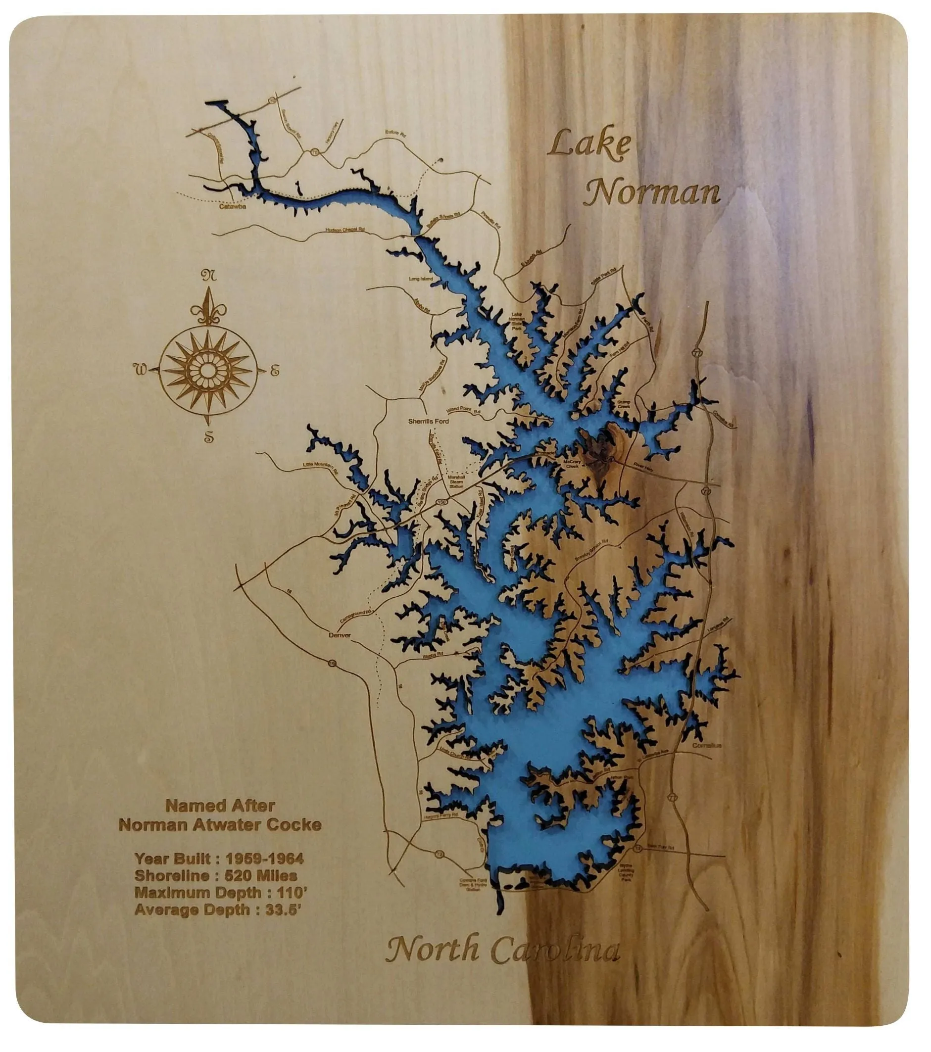 Lake Norman, North Carolina - Laser Cut Wood Map