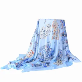 Long Silk Feel Satin Scarf Blue Theme Floral Print LAT116