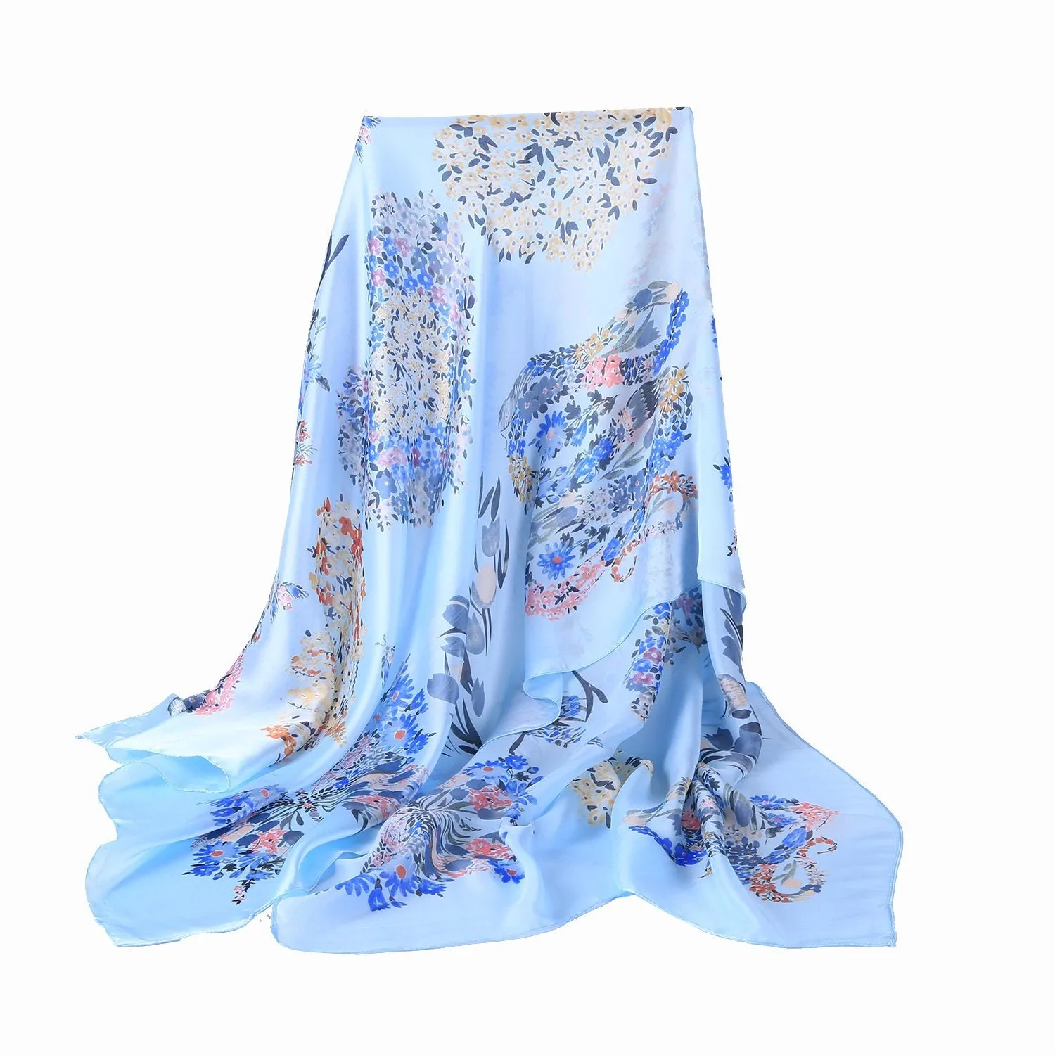 Long Silk Feel Satin Scarf Blue Theme Floral Print LAT116