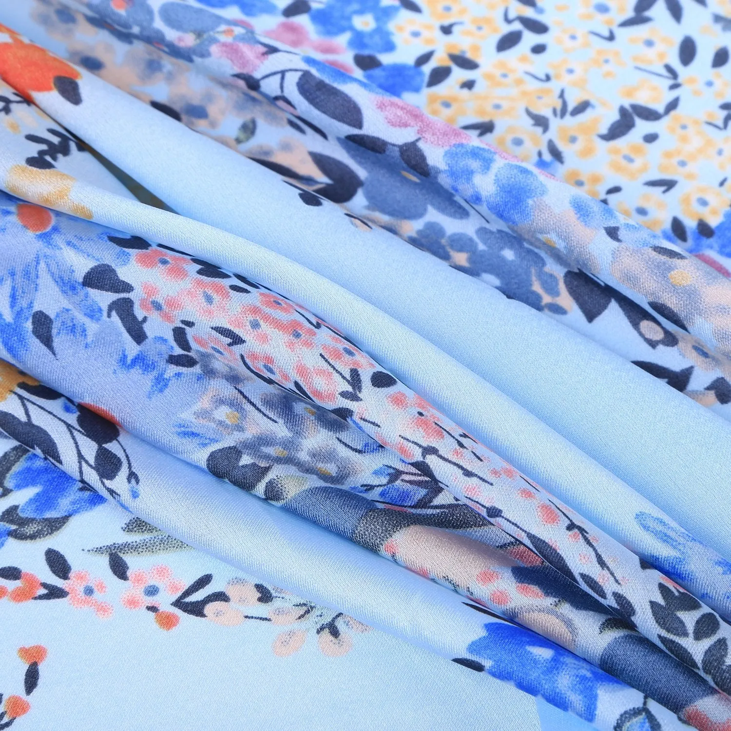 Long Silk Feel Satin Scarf Blue Theme Floral Print LAT116