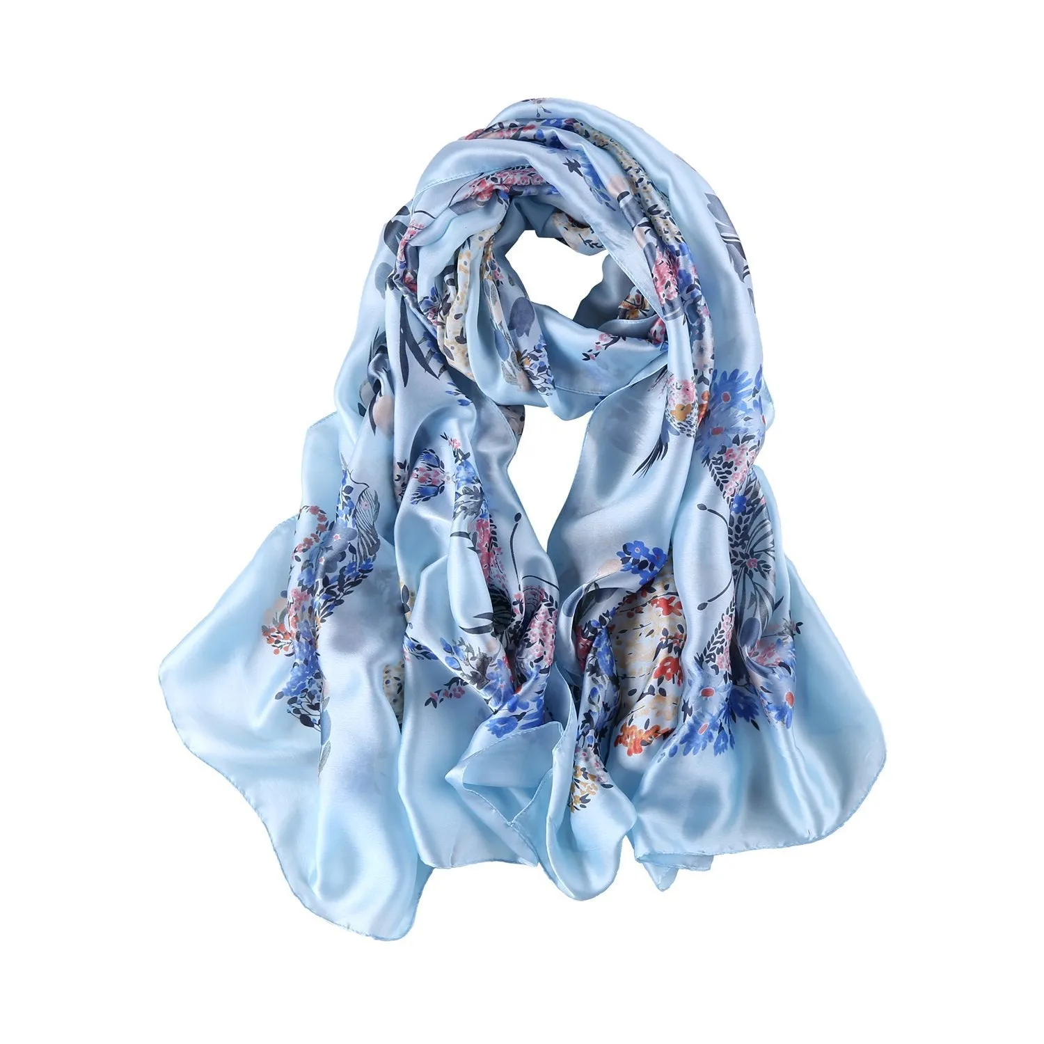 Long Silk Feel Satin Scarf Blue Theme Floral Print LAT116