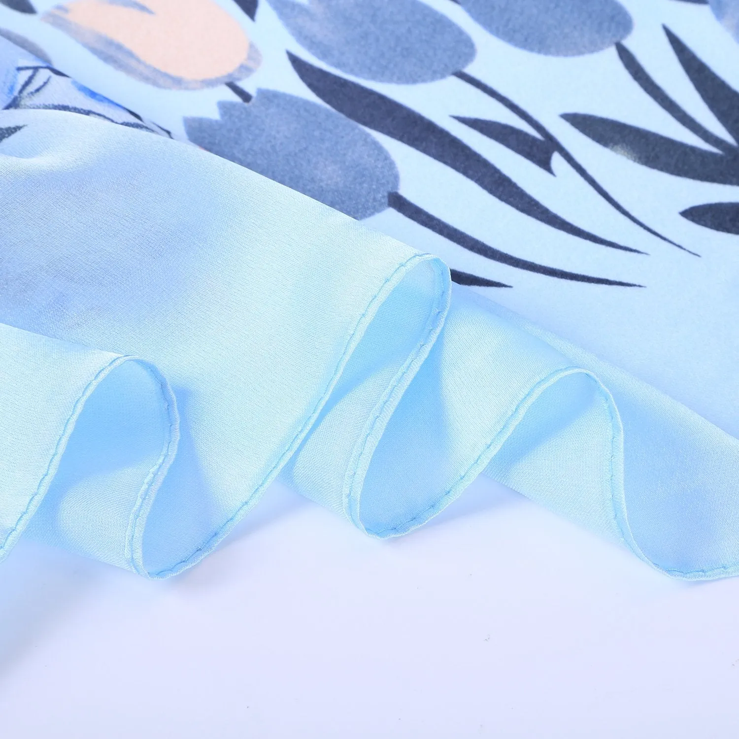 Long Silk Feel Satin Scarf Blue Theme Floral Print LAT116