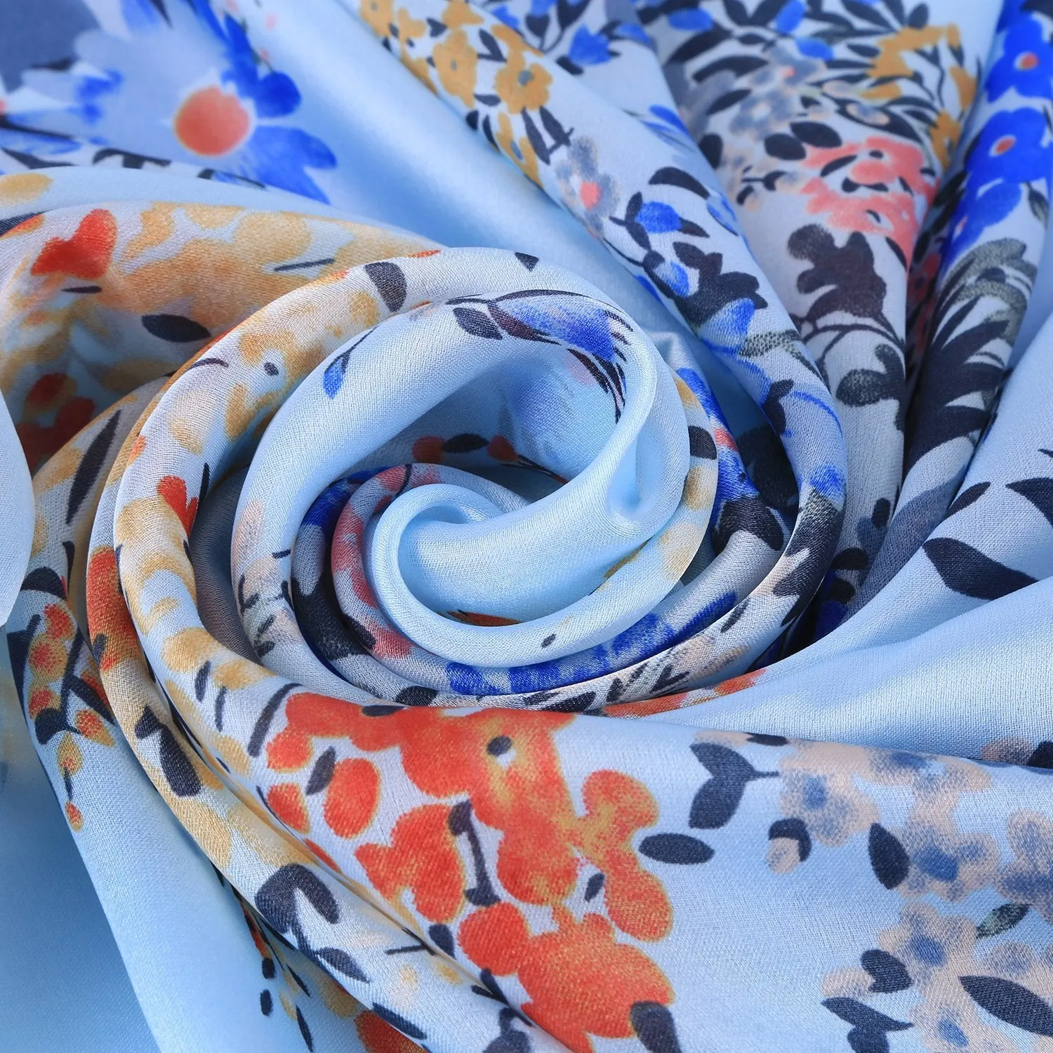 Long Silk Feel Satin Scarf Blue Theme Floral Print LAT116