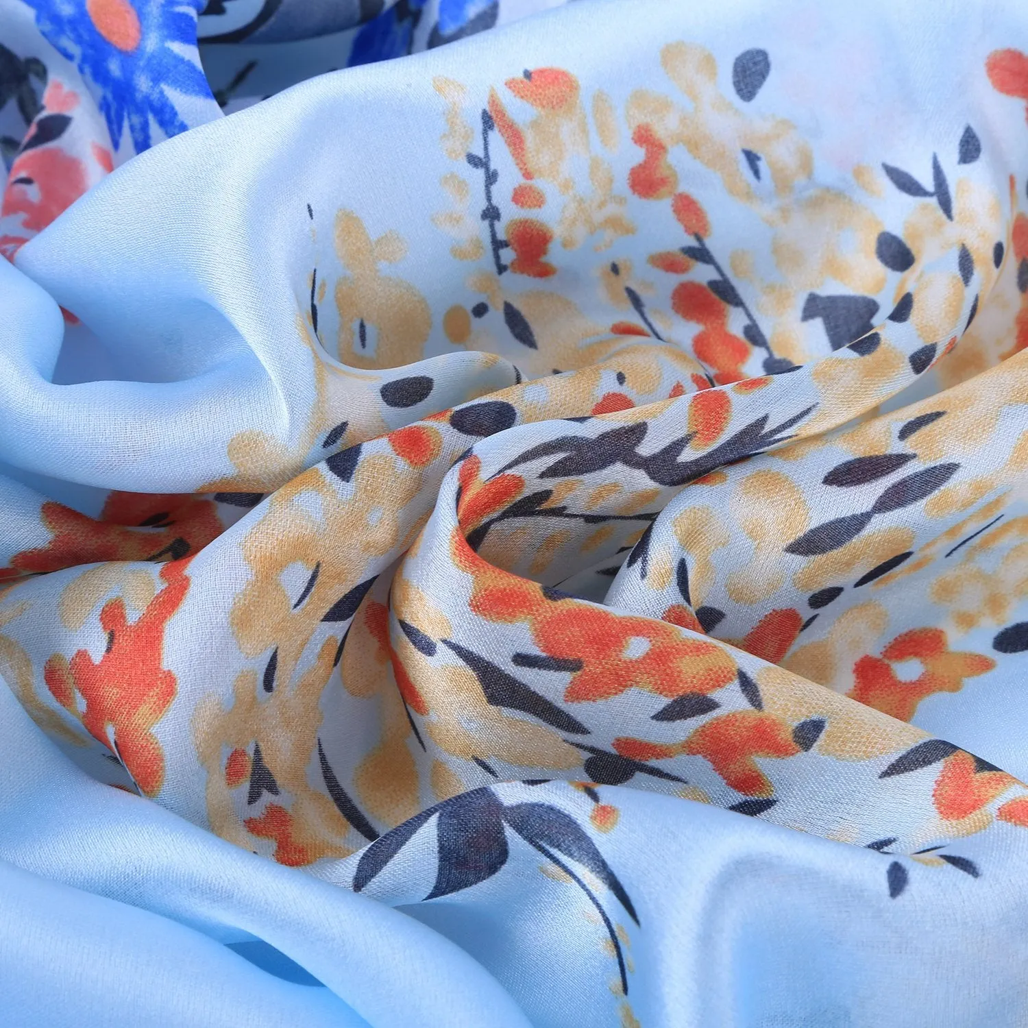 Long Silk Feel Satin Scarf Blue Theme Floral Print LAT116