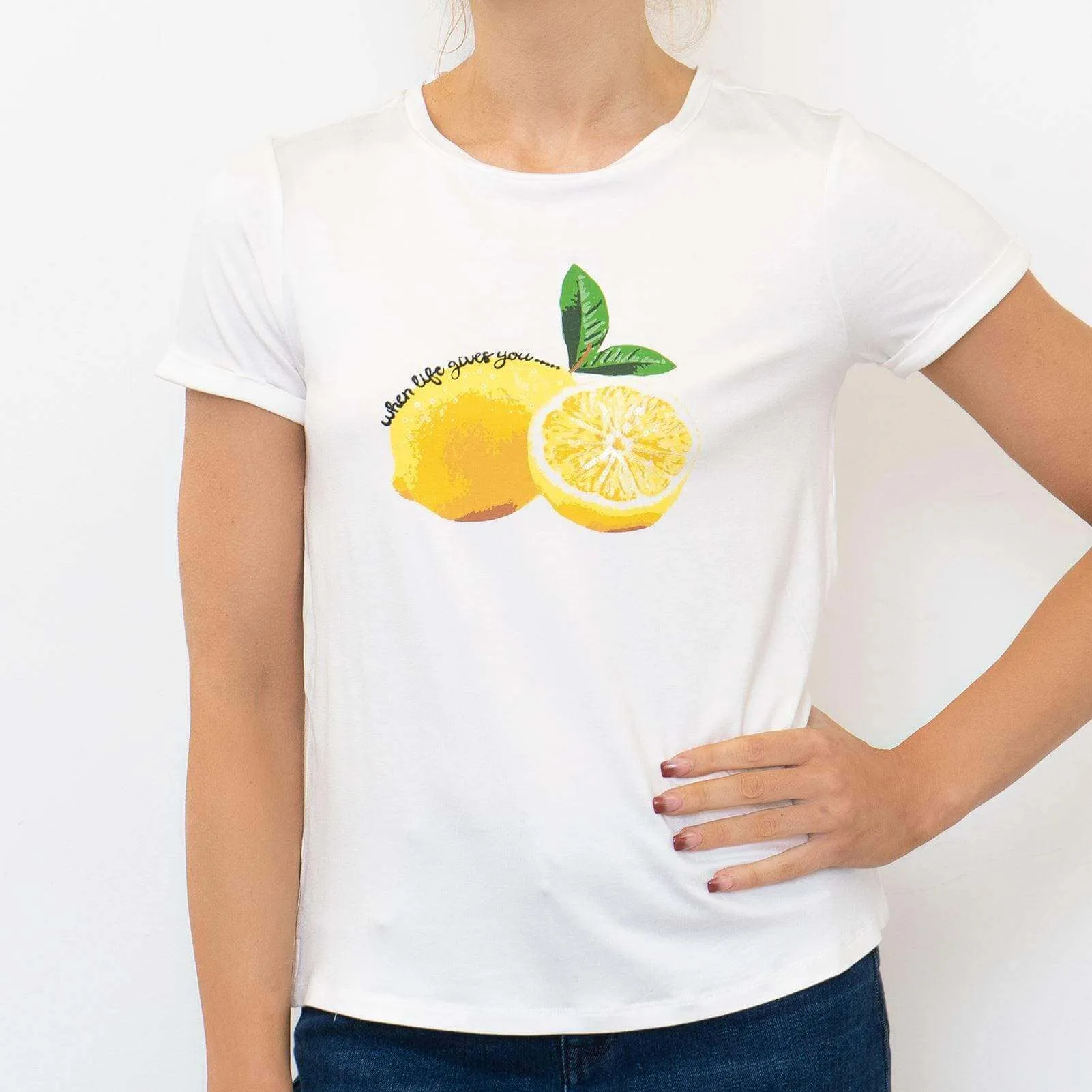 M&Co Lemons Short Sleeve Crew Neck White Cotton Top