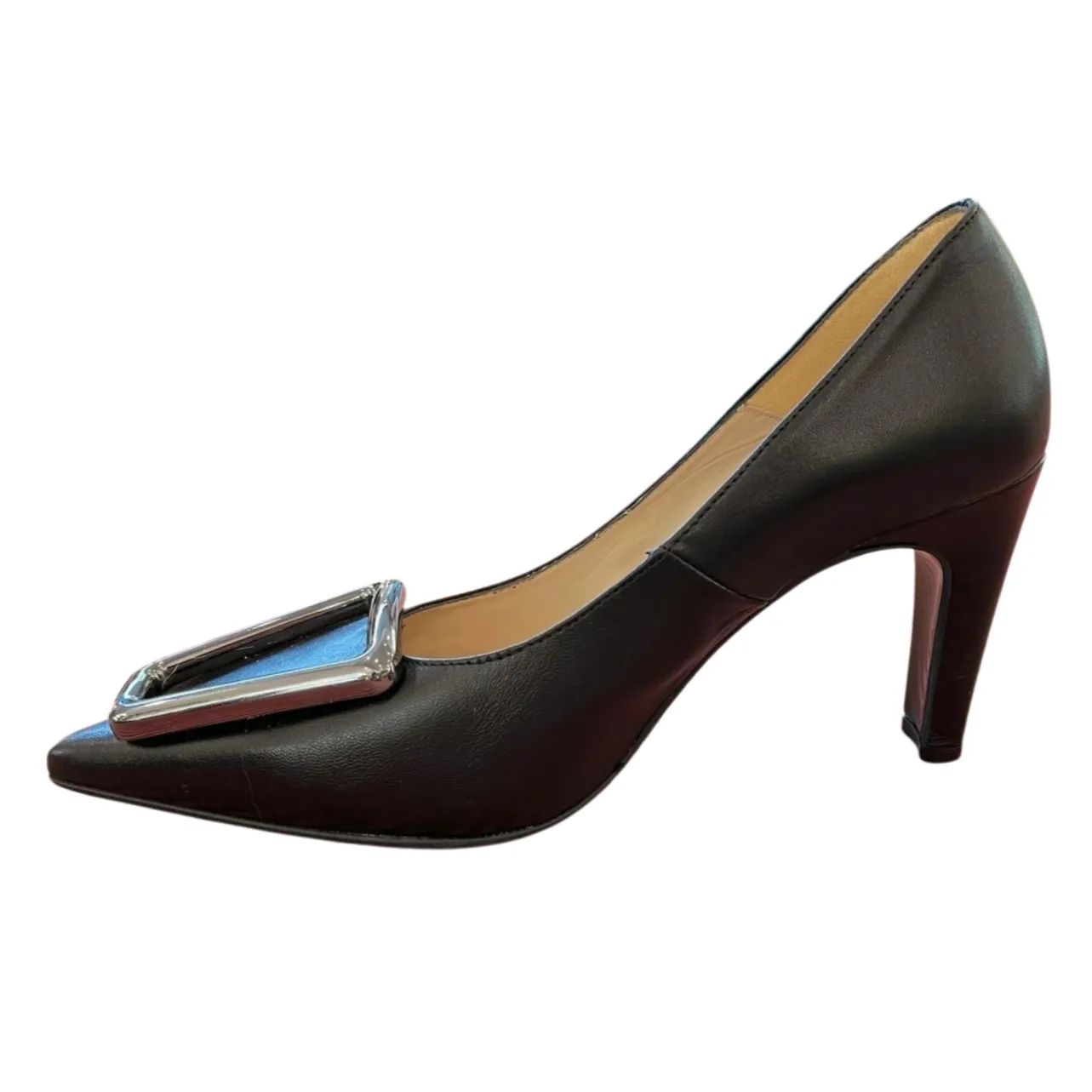 MARIAN Black Leather Pointed Toe Court with Pewter Buckle