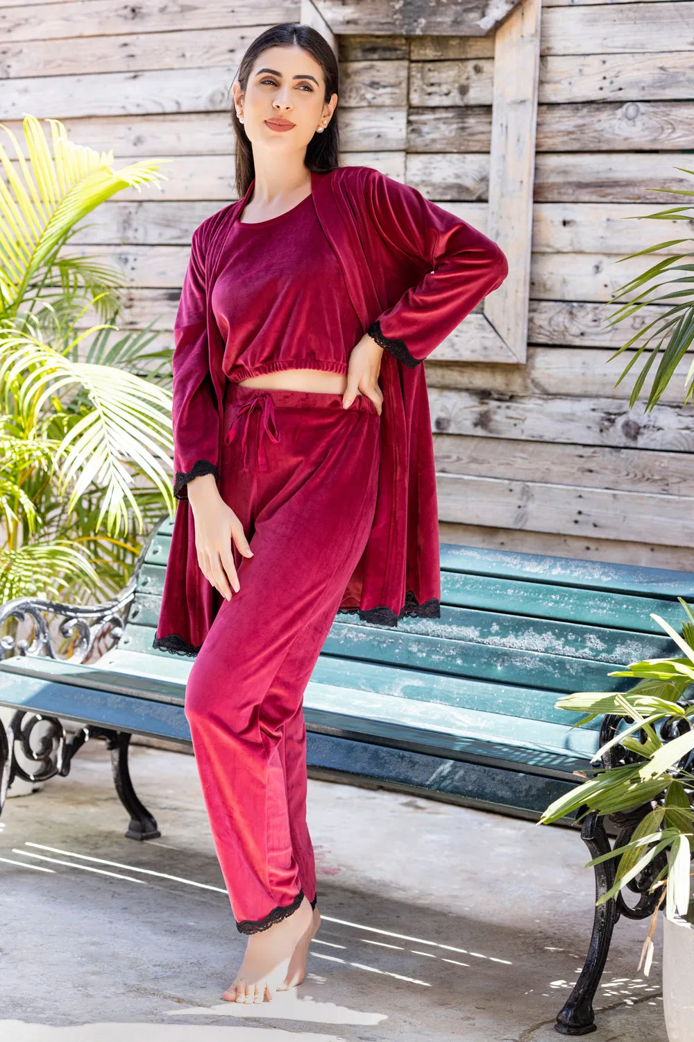 Maroon Velvet Pj set with Robe