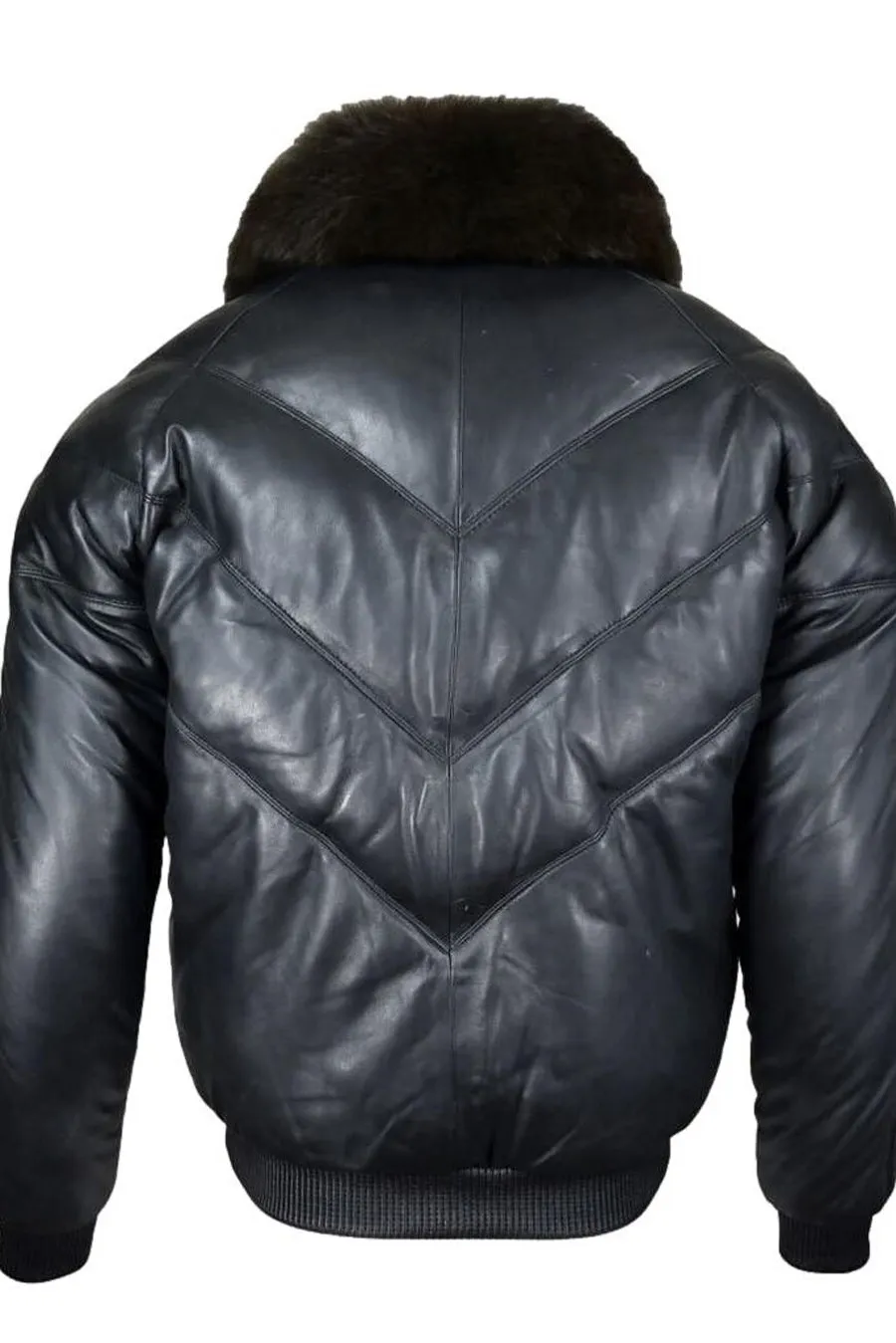 Mens Black Leather Bomber Jacket with Fur Collar