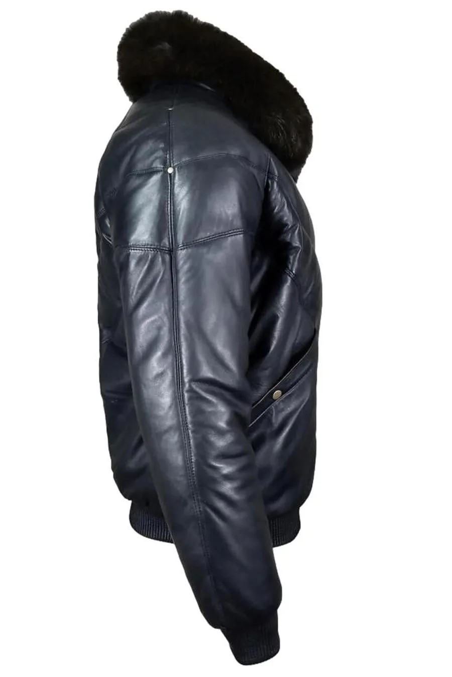 Mens Black Leather Bomber Jacket with Fur Collar