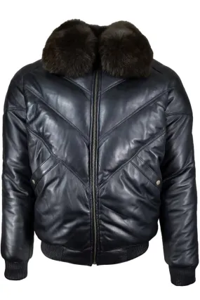 Mens Black Leather Bomber Jacket with Fur Collar