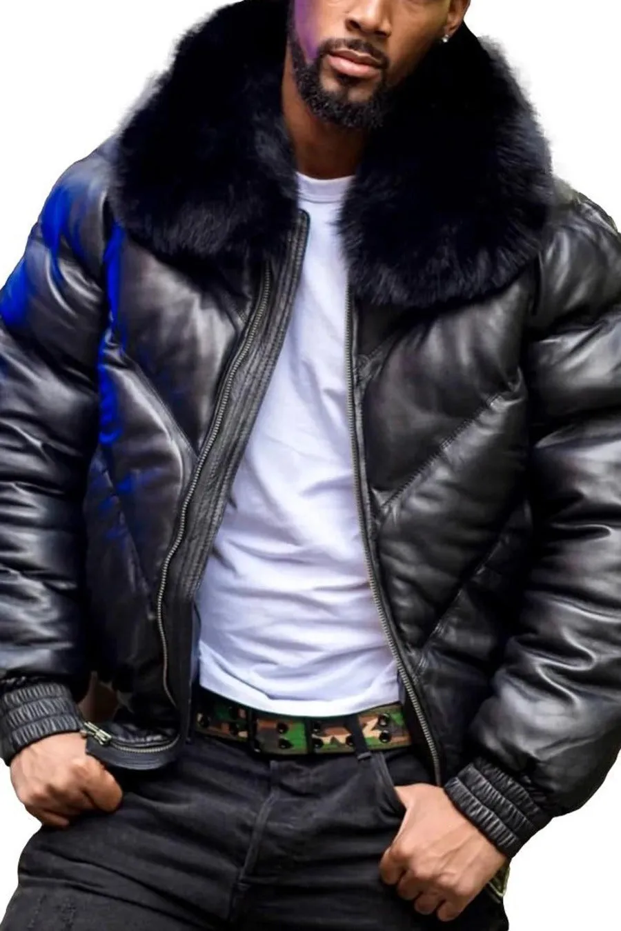 Mens Black Leather Bomber Jacket with Fur Collar