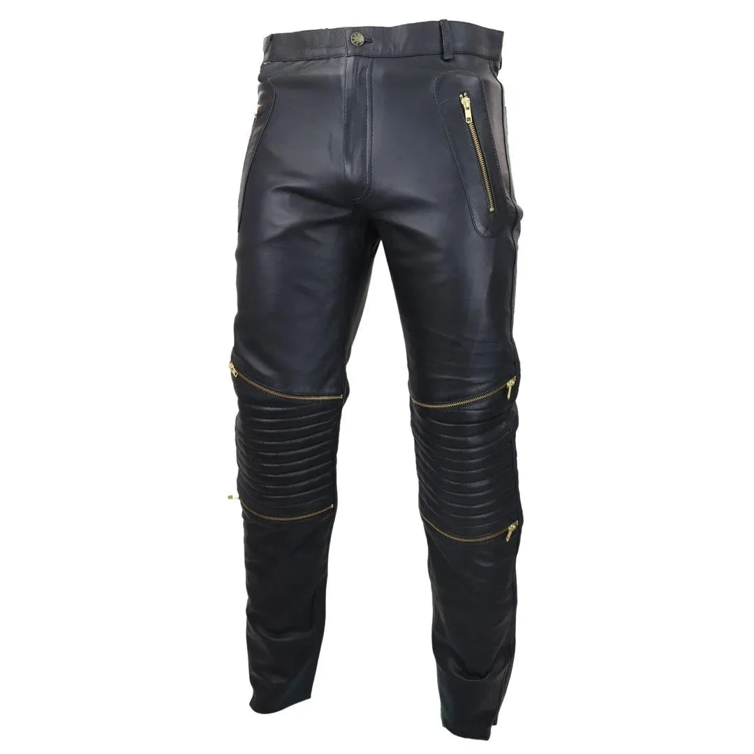 Mens Black White Real Leather Jeans Gold Zips Retro Classic Vintage Goth Punk