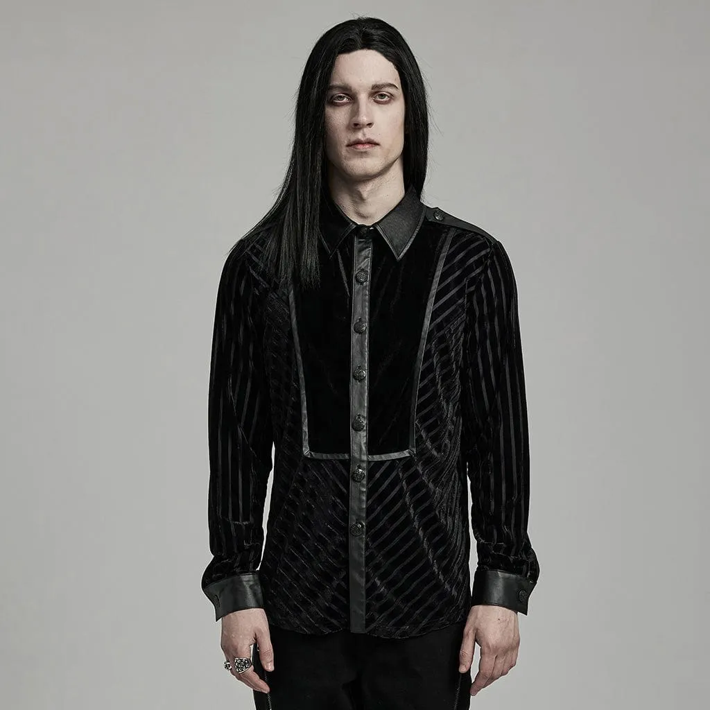 Men's Gothic Faux Leather Splice Striped Velvet Shirt