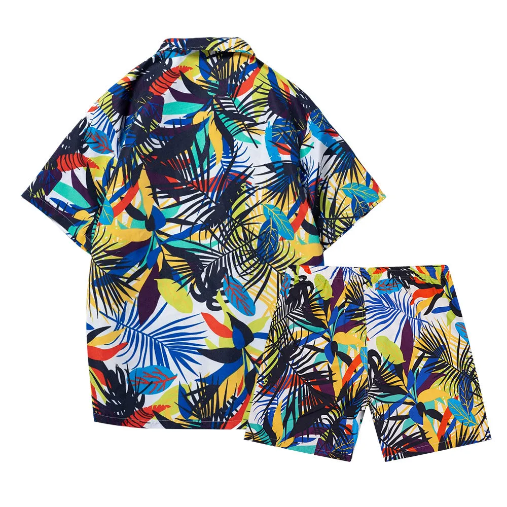 Men's Short Sleeve Coconut Tree Print 2 Pieces Outfit Set Short & Buttons Shirts | ST01