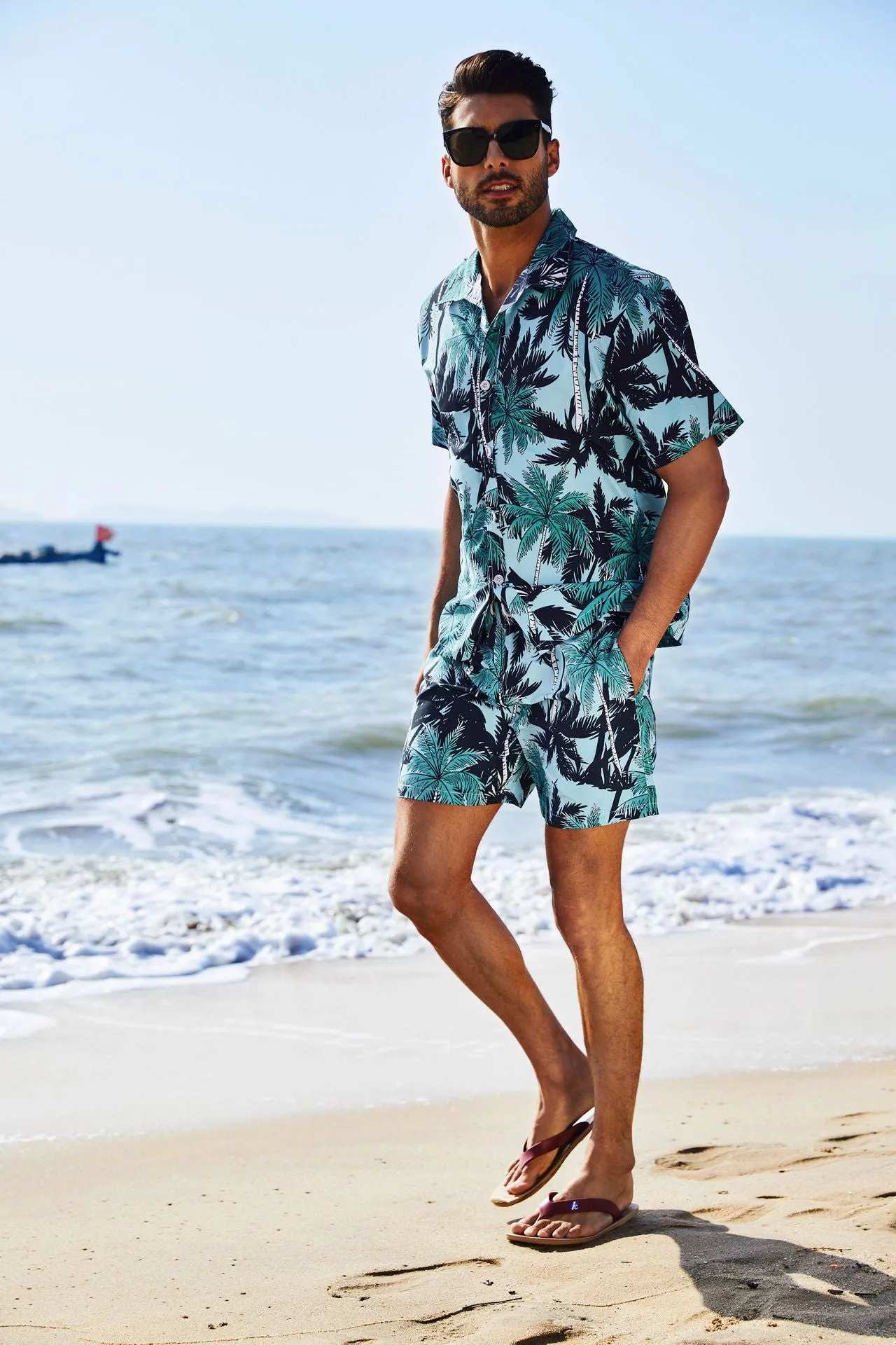 Men's Short Sleeve Coconut Tree Print 2 Pieces Outfit Set Short & Buttons Shirts | ST01