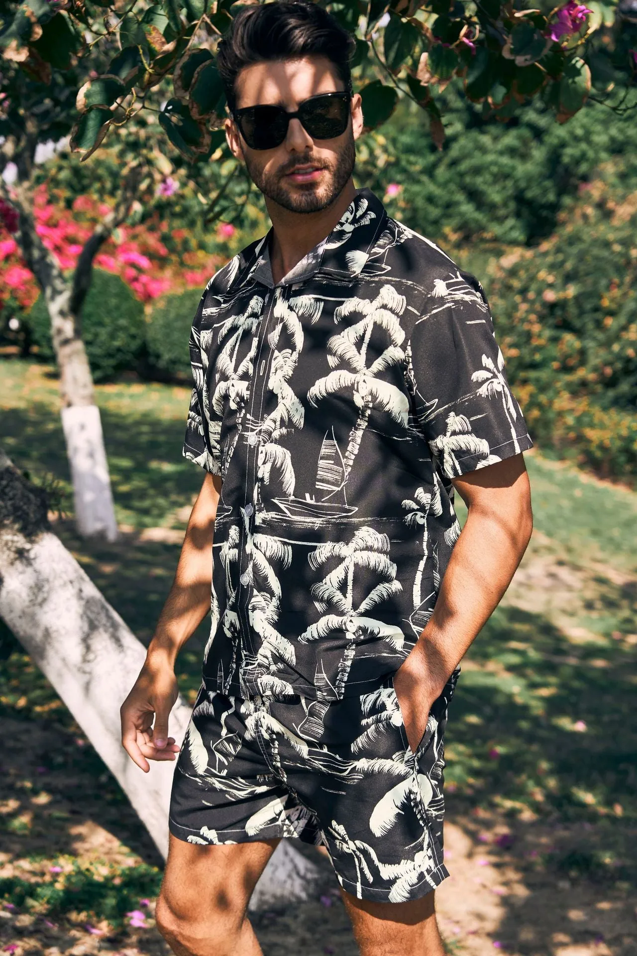 Men's Short Sleeve Coconut Tree Print 2 Pieces Outfit Set Short & Buttons Shirts | ST01