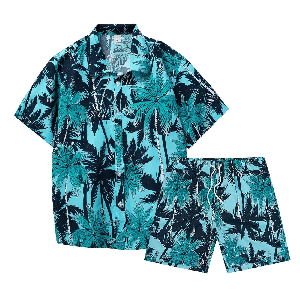 Men's Short Sleeve Coconut Tree Print 2 Pieces Outfit Set Short & Buttons Shirts | ST01