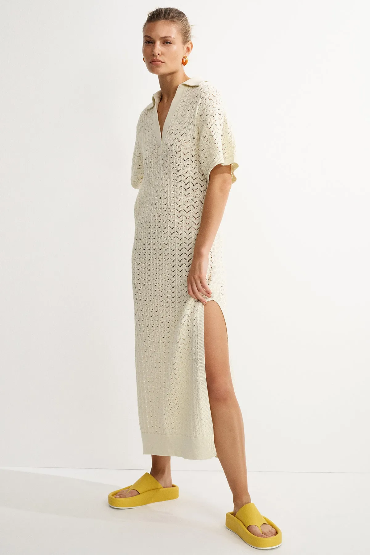 MIKALA CROCHET POLO MIDI DRESS - COCONUT