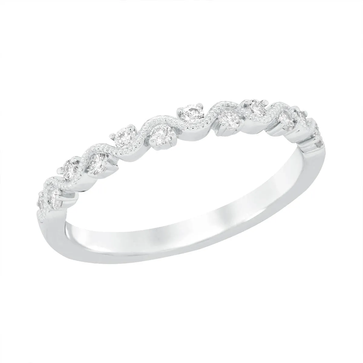 MODERN WHITE GOLD WEDDING BAND WITH MILGRAIN TEXTURING AND DIAMONDS, .20 CT TW