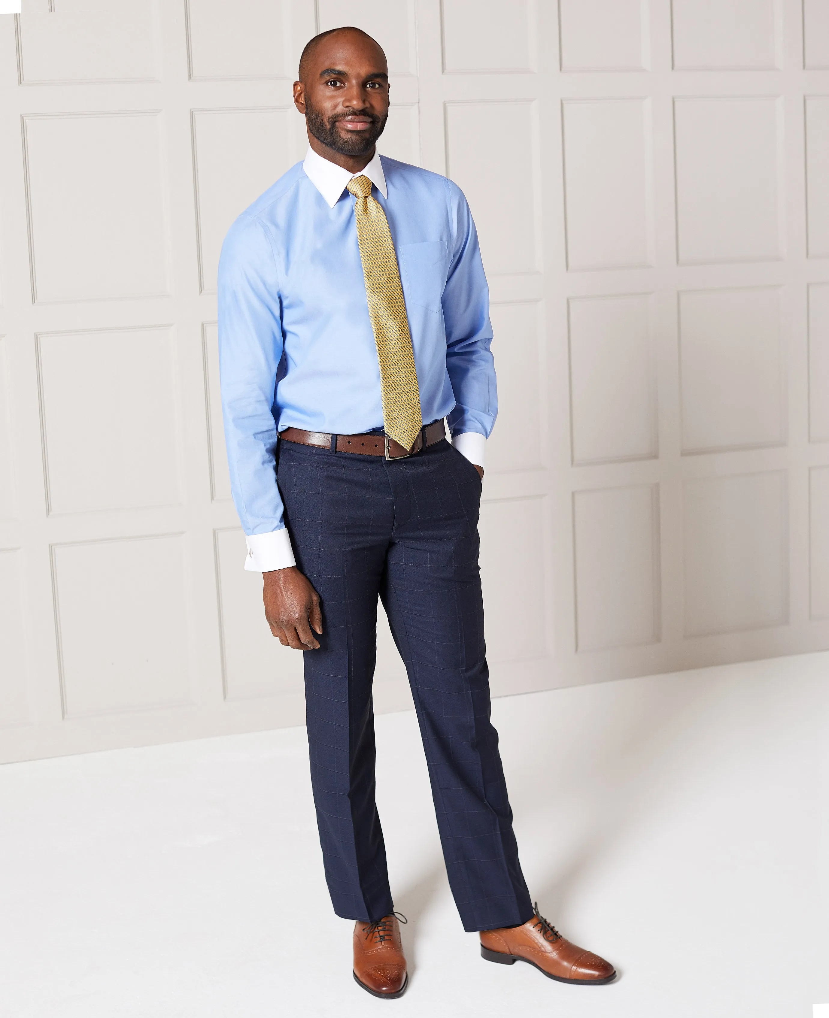 Navy Fine Windowpane Check Tailored Suit Trousers