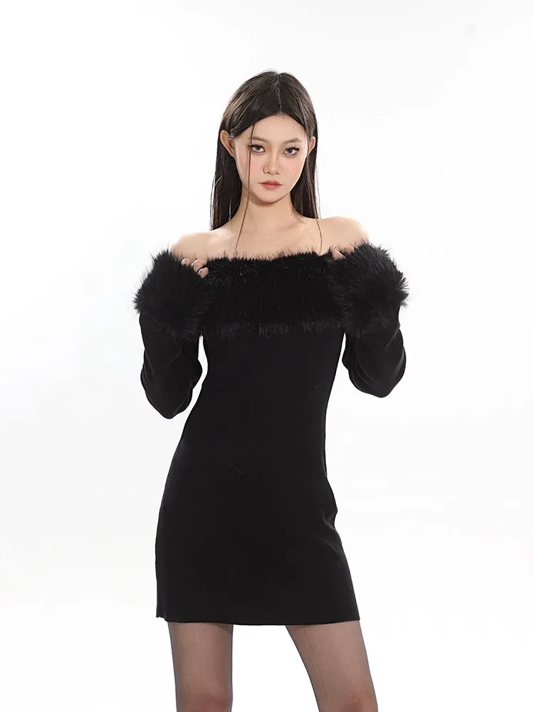 Off-Shoulder Faux Fur Trim Mini Dress