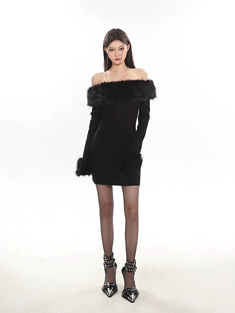 Off-Shoulder Faux Fur Trim Mini Dress