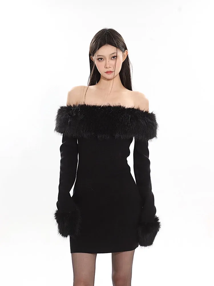 Off-Shoulder Faux Fur Trim Mini Dress