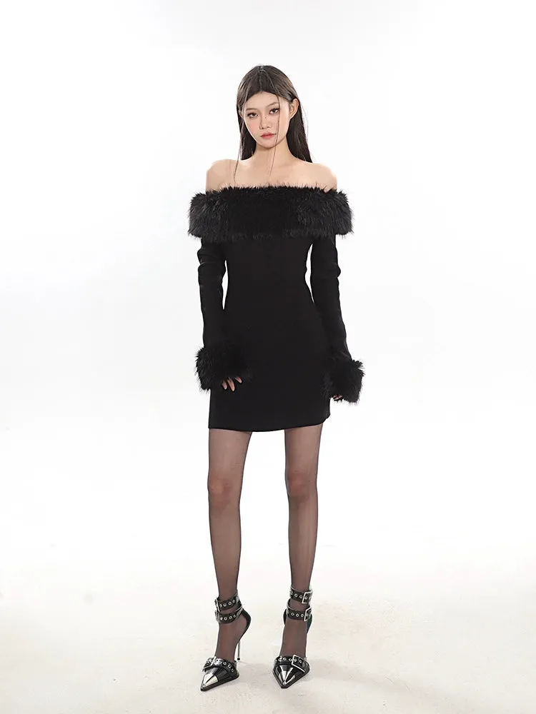 Off-Shoulder Faux Fur Trim Mini Dress