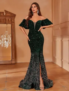 Off Shoulder Puff Sleeves Ombre Sequin Mermaid Dress