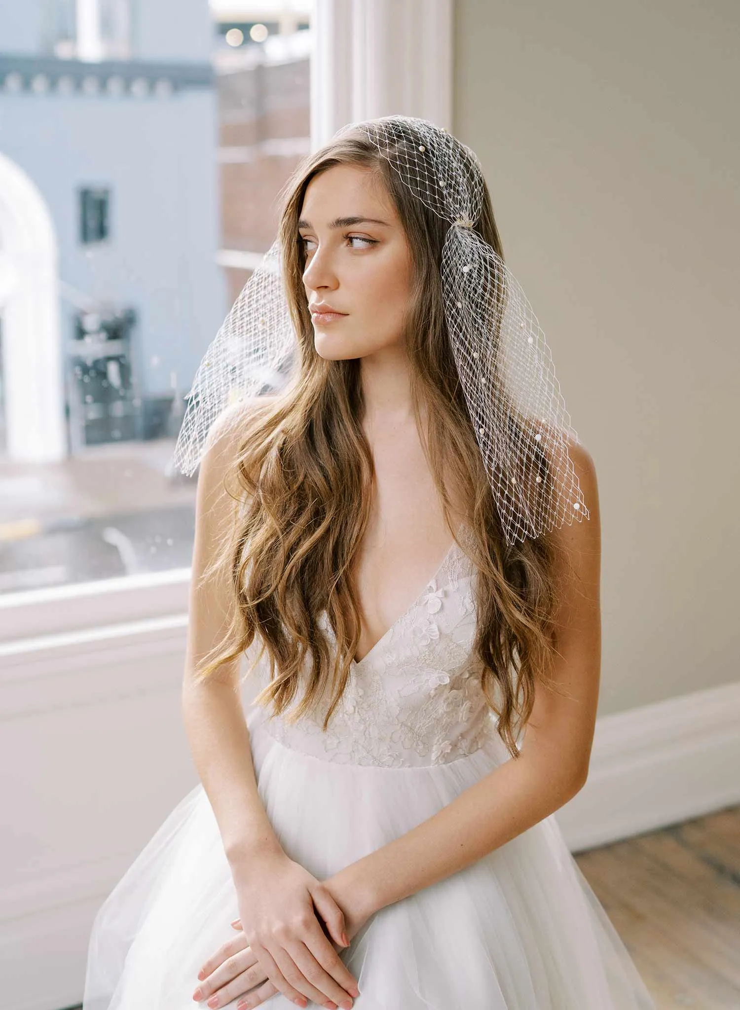 Pearl speckled bandeau headband veil - Style #2469