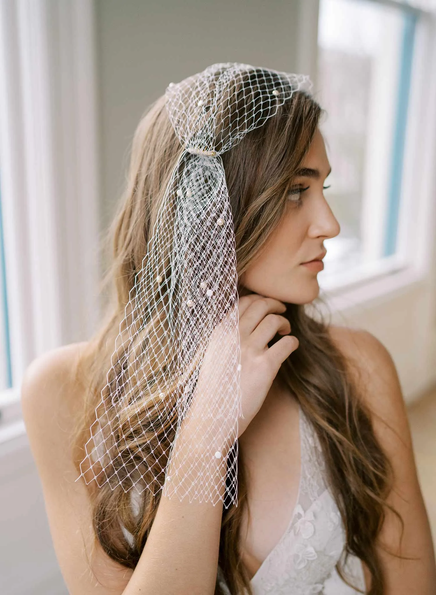 Pearl speckled bandeau headband veil - Style #2469