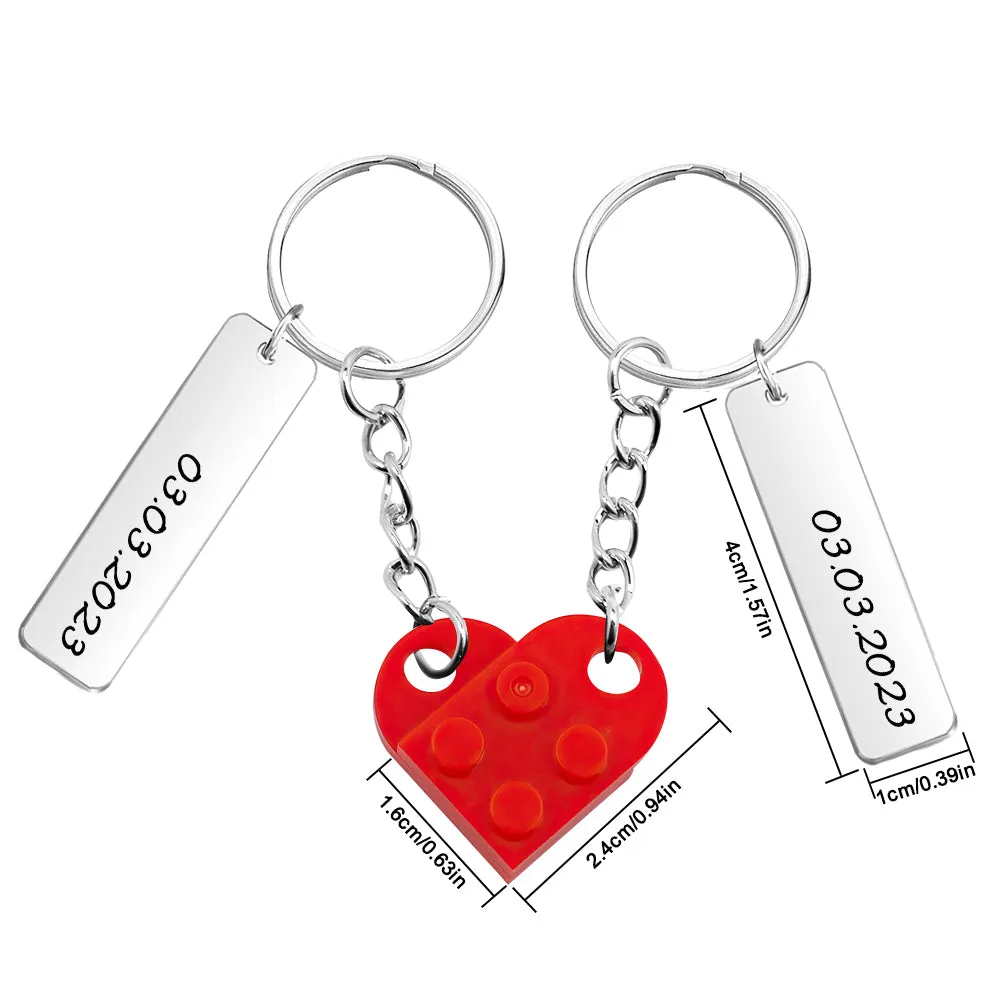 Personalized Date Matching Couples Love Heart Bricks Keychain for Couples