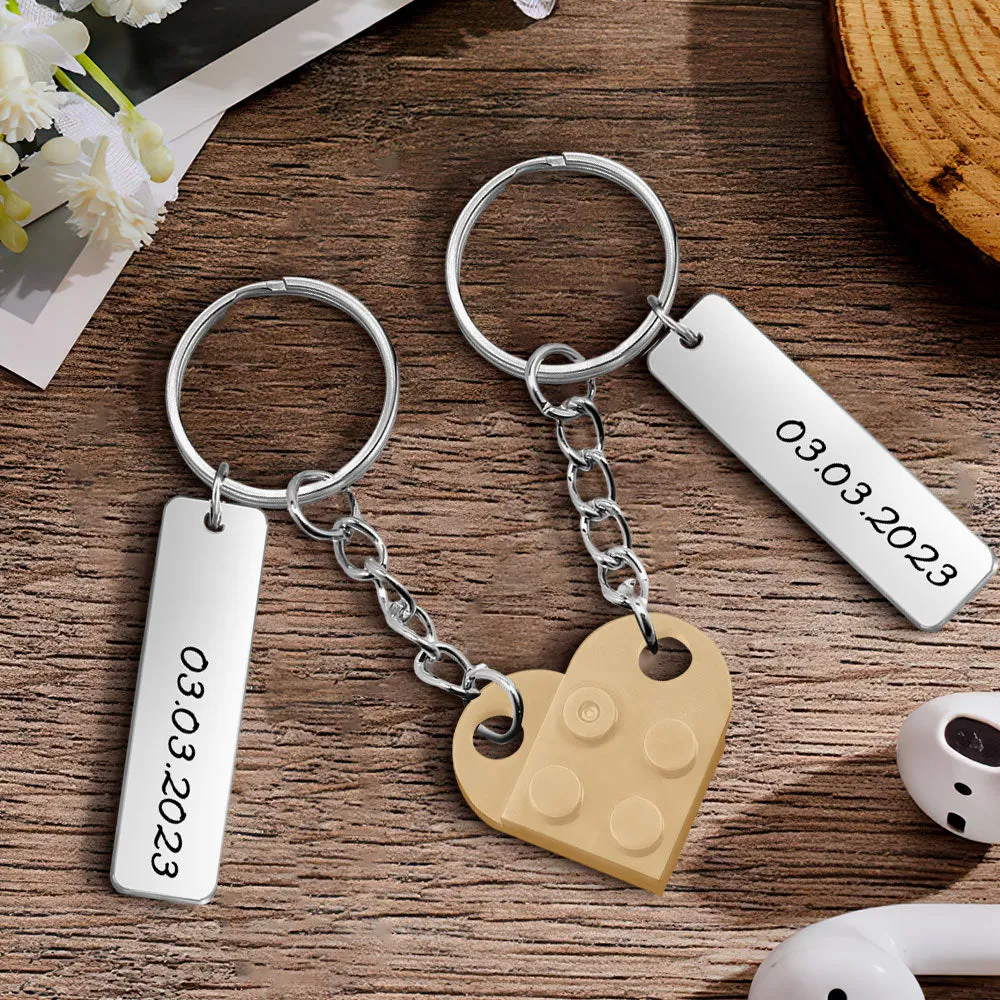 Personalized Date Matching Couples Love Heart Bricks Keychain for Couples