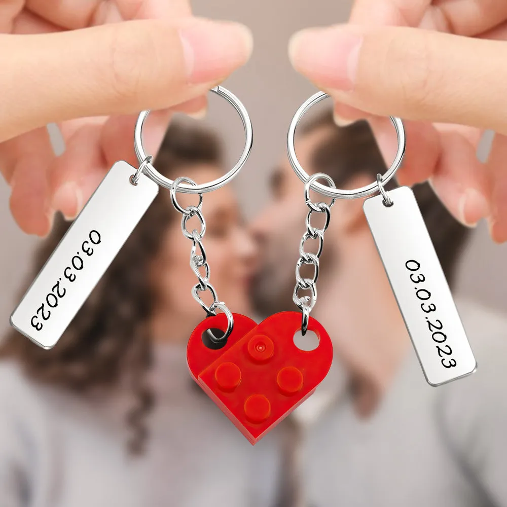 Personalized Date Matching Couples Love Heart Bricks Keychain for Couples